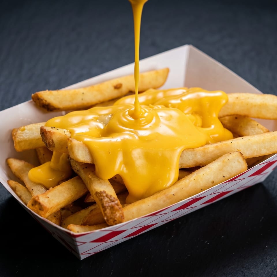 Golden french fries in a paper tray, generously topped with a stream of melted yellow cheese.