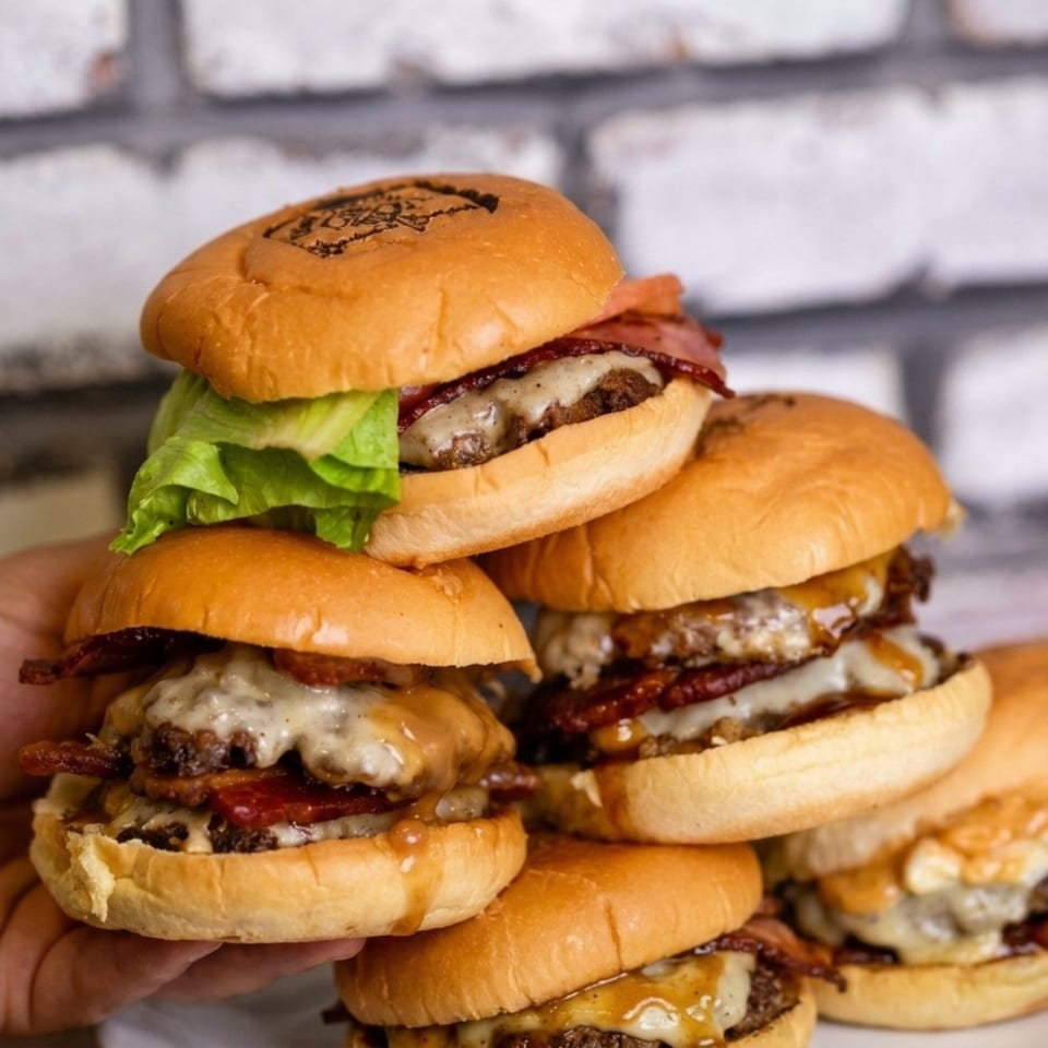 A hand holds a stack of five bacon cheeseburger sliders with melted cheese and sauce.