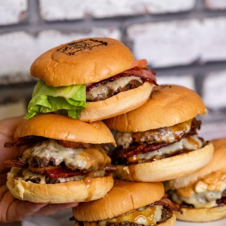 A hand holds a stack of five bacon cheeseburger sliders with melted cheese and sauce.
