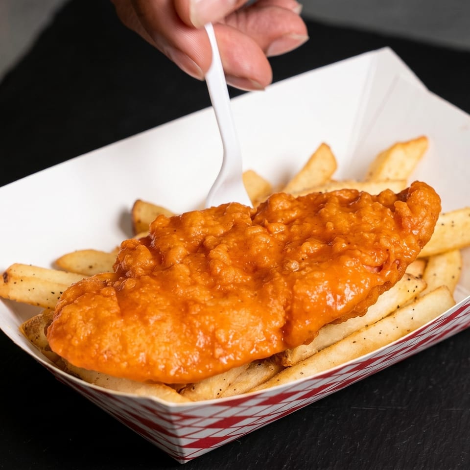 Hand holding a fork over a fried chicken tender with buffalo sauce and fries in a paper tray.