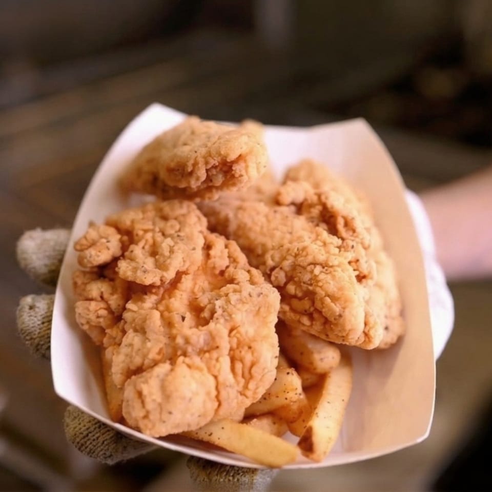 A gloved hand holding a paper tray filled with crispy fried chicken tenders and seasoned potato wedges.