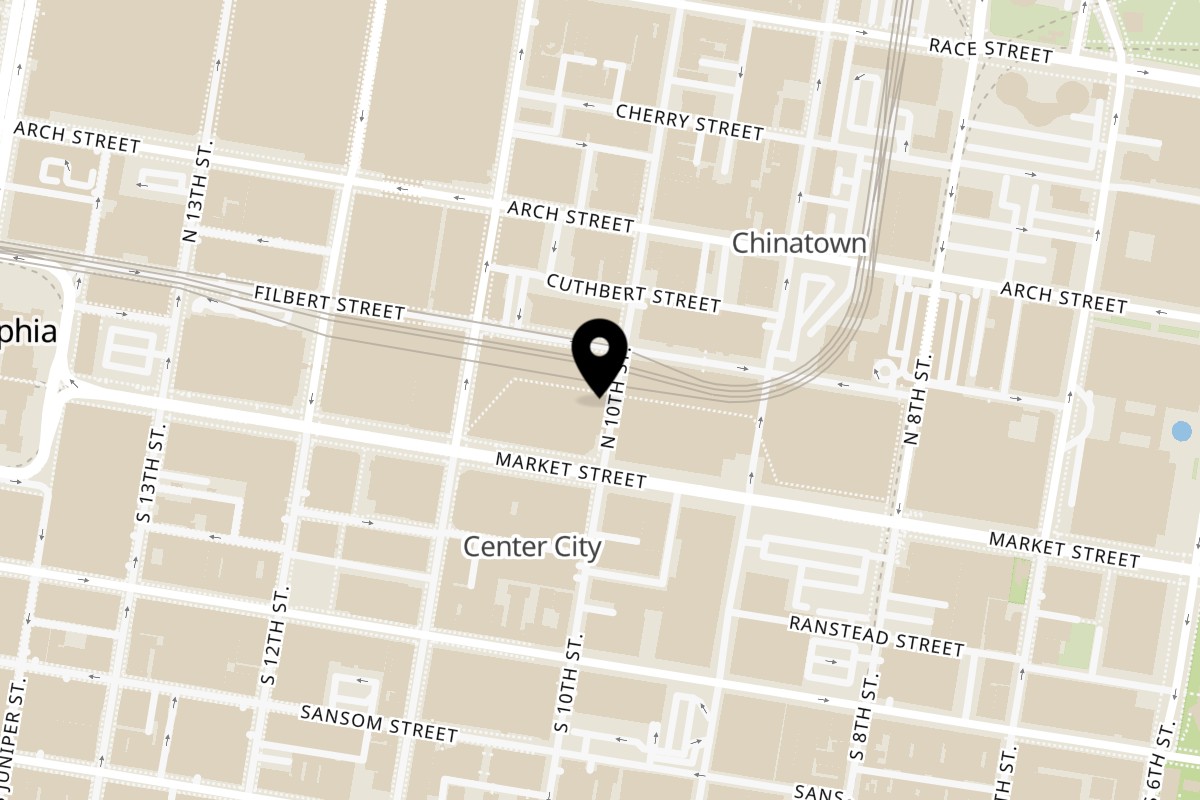 Map showing the location of Bake'n Bacon Fashion District #2 on 1001 Market St C020 in Philadelphia